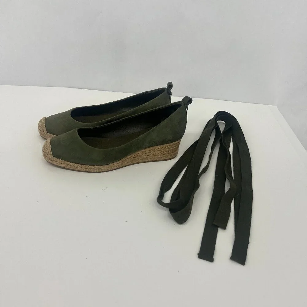Tory Burch Heather Espadrille Ankle Wrap Wedge Leccio Green Suede - Picture 2 of 12